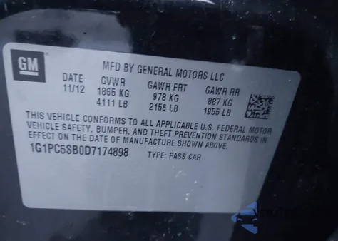 2013 Chevrolet Cruze 1Lt Auto z USA, uszkodzony, nr VIN 1G1PC5SB0D7174898